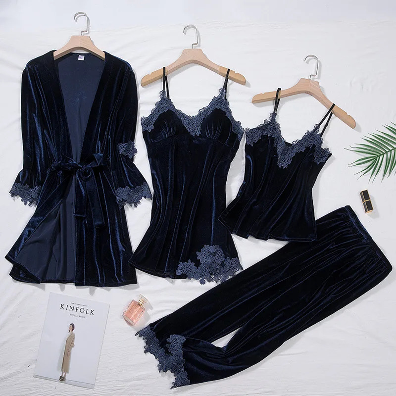 TOP Casual Velour Home Clothing 4pcs Sleep Set Intimate Lingerie Women Pajamas Suit Long Sleeve Lace Velvet Homewear Pyjamas 250103