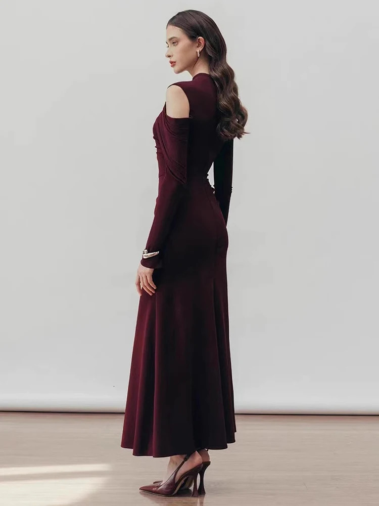 DEAT Elegant Dress Half High Neck Hollow Asymmetric Long Sleeve Mid Low Waist Womens Party Dress 2025 Spring Style 13DL999 250103