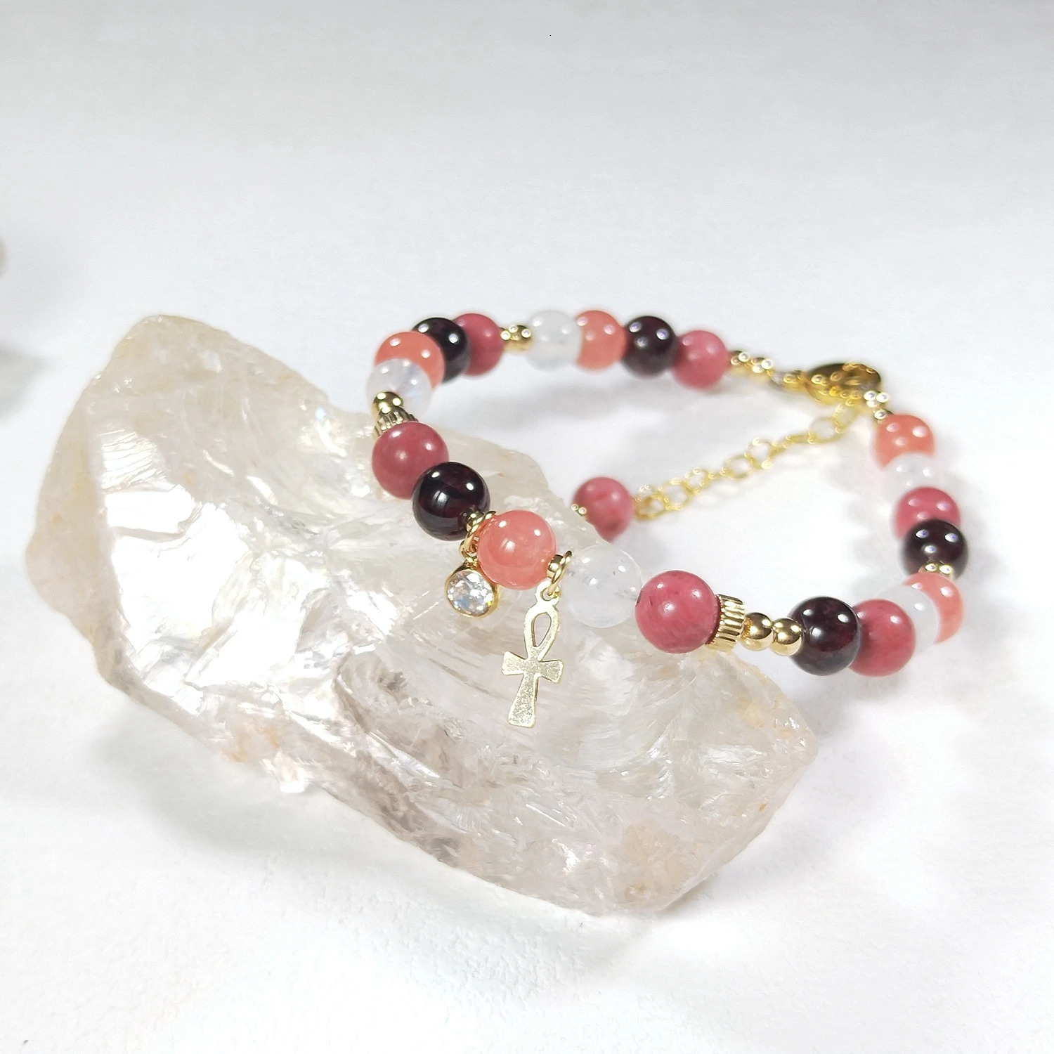 Lili Ji Natural Garnet Moonstone Rhodiola 6mm US 14K Gold Plated Charm Bracelet Handmade Fashion Jewelry 250102