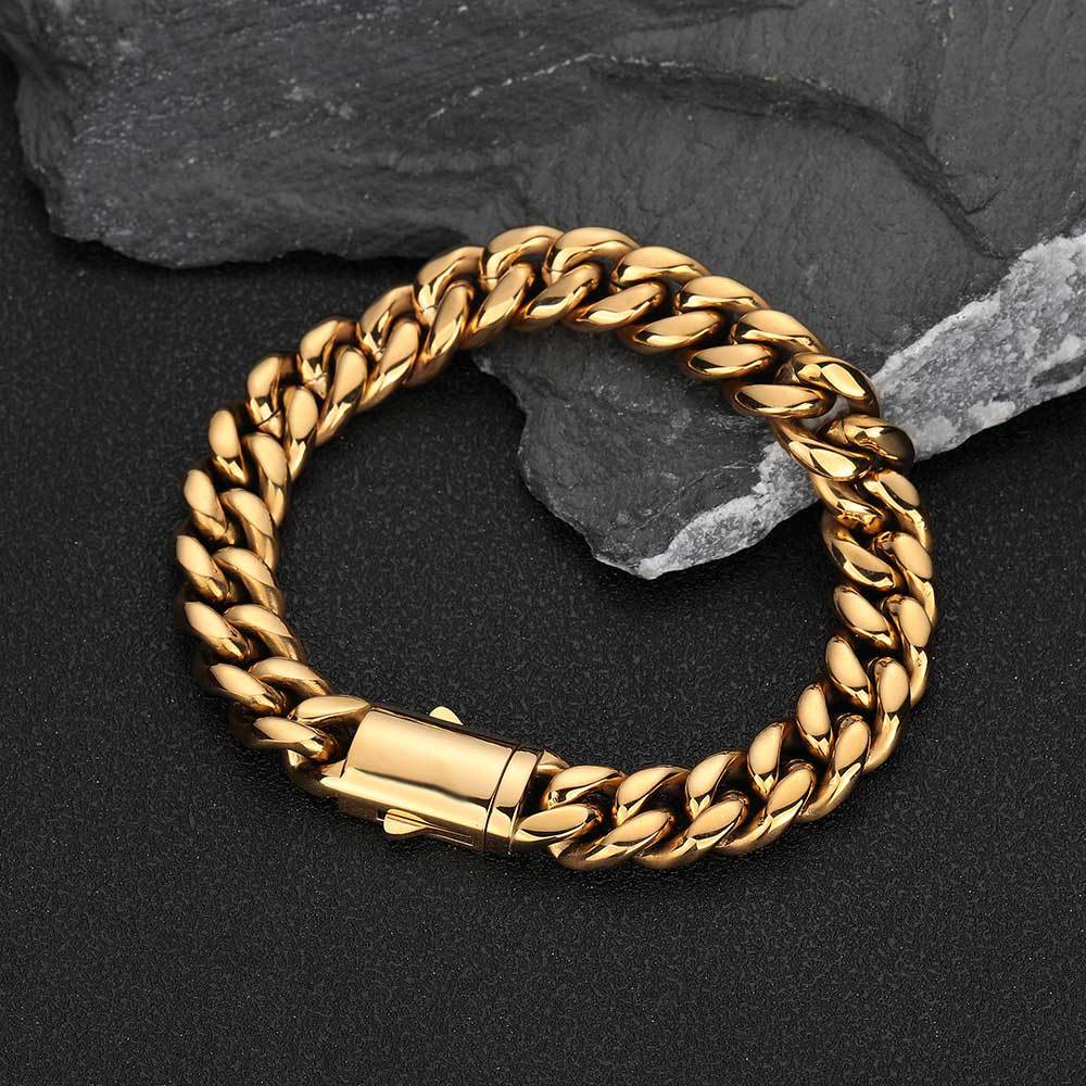 Hip Hop High Quality Cuban Chain Bracelet Jewelry 18K Gold Plated Solid Stainless Steel Spring Clasp No Fade Jewelry