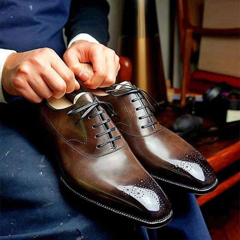 Oxfords for Men Brown Black Business Lace-up Pu Office Brogue Dress atos De Vestir Hombre Mens Shoes