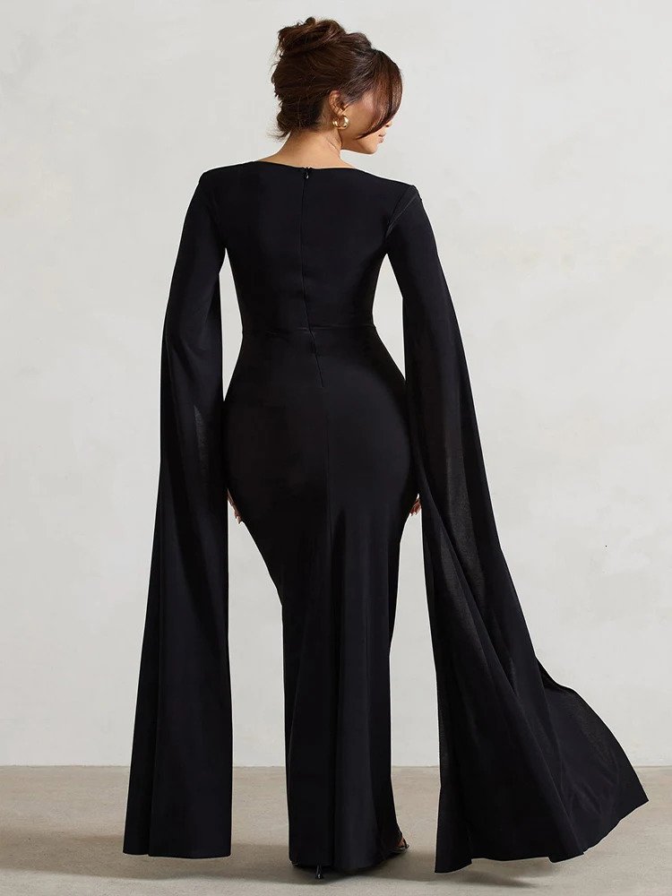 JULISSA MO sexy square neckline high seam womens Maxi dress black long sleeved evening dress autumn ultra-thin elegant party Clubwear 250103