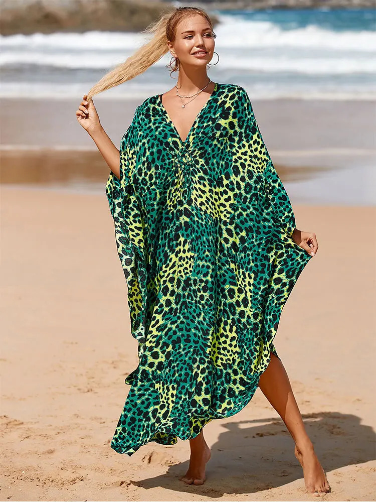 Bohe print loose beach dress casual V-neck batwing sleeve side split long skirt womens summer clothing long Kafotan Q1297 250103