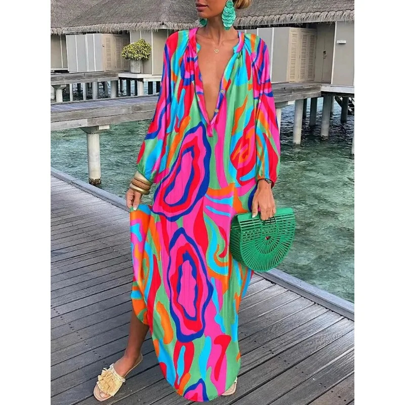 Womens Deep V-neck Dress Summer Retro Elegant Long Sleeve Bohemian Printed Long Dress Womens Sexy Beach Party Loose Long Dress 250103