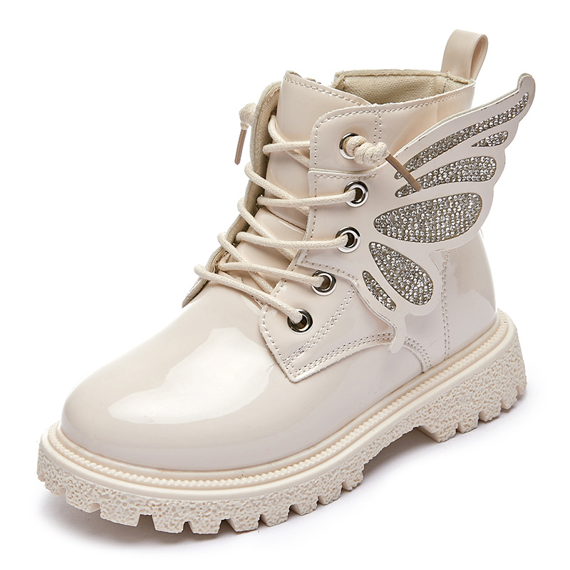 2025 New Children New Fashion Kid Boots Girls Butterfly Solid Color Boots Toddler Lace Up Side Zipper Winter Boots Non-slip PU Leather Shoes Sizes US9
