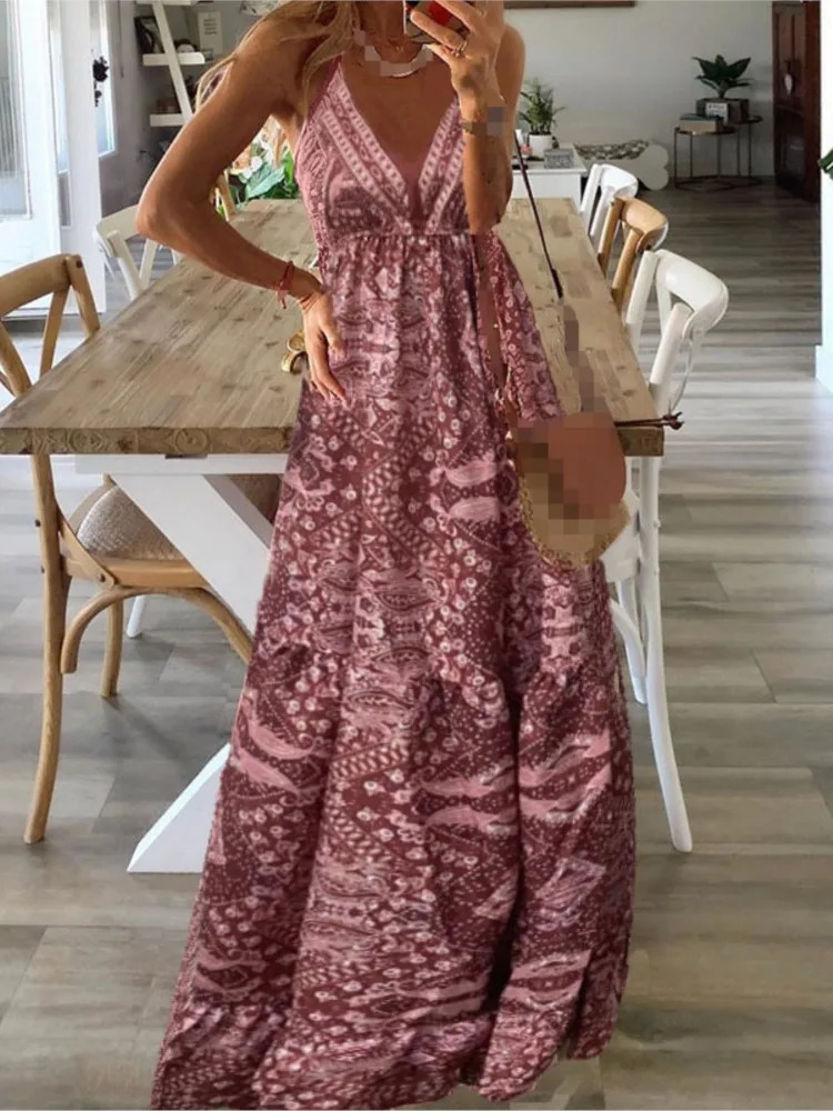 Summer womens spaghetti shoulder strap bohemian long dress elegant V-neck party retro printed sleeveless sexy long dress 250103