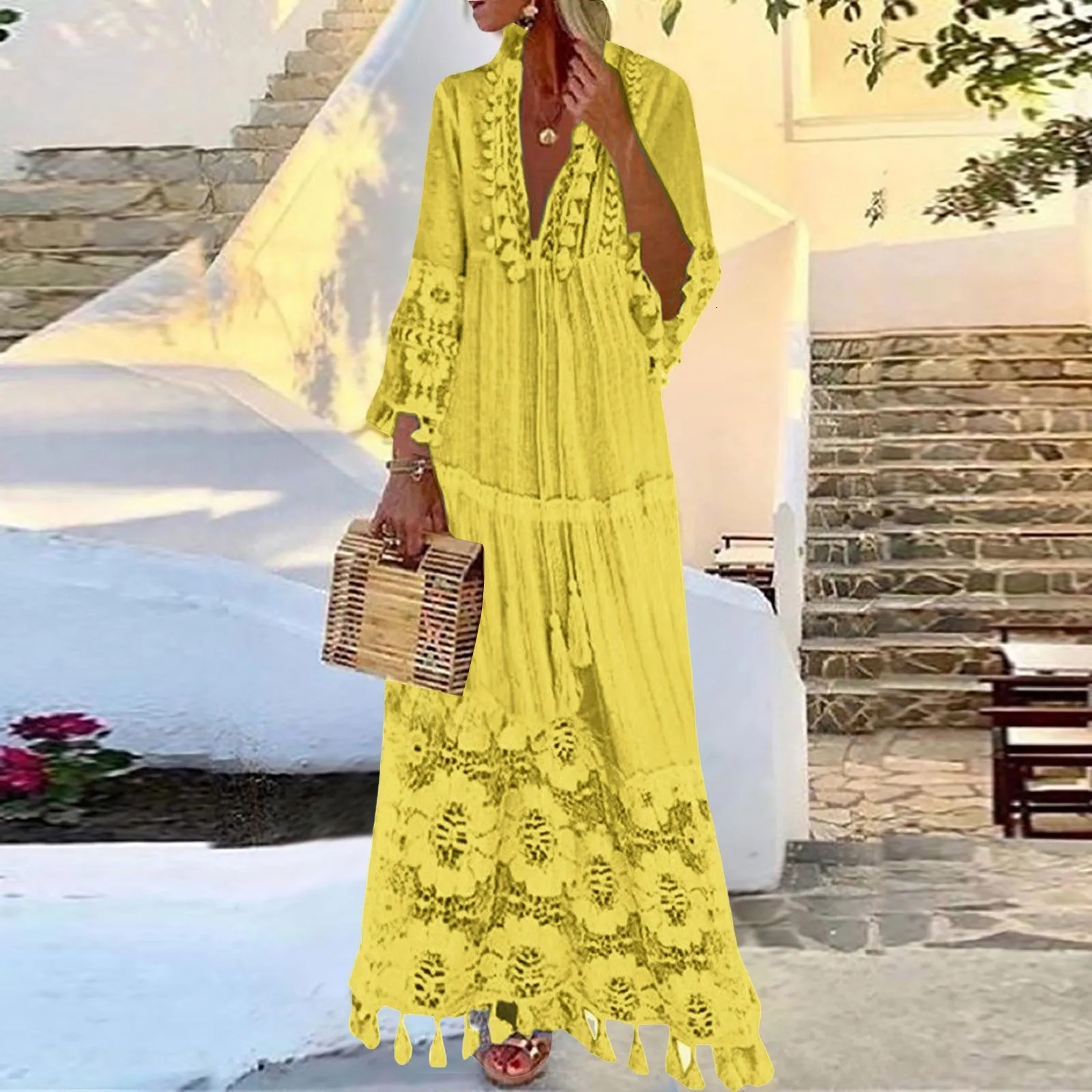 lace bohemian dress womens embroidered crochet tassel pleated long skirt summer V-neck womens swaying beach sun skirt bohemian dress 250103