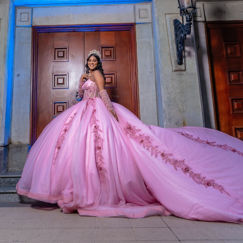 Pink Quinceanera Dresses Ball Gown Off The Shoulder Applique Lace Beads Tull Party Birthday Sweet 16 Vestido De 15 Anos