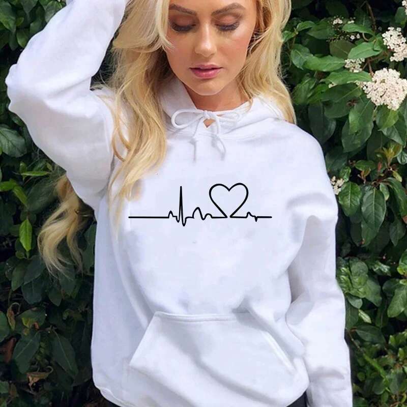 New Women Hoodies Autumn Winter Heartbeat Print Men Loose Casual Hoodie Couple Sweatshirts Ladies Hooded Tops Streetwear Clothes