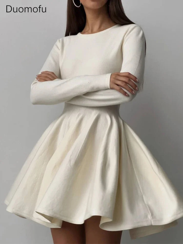 Duomofu Knit Mini Dresses Women Autumn Winter Long Sleeve Sweater Dress Female Elegant Fashion Slim A Line Pleated Dress Vestido 250102