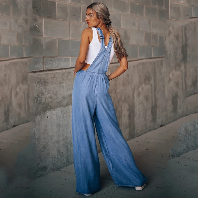 Summer Overalls For Women Blue Denim One-Piece Jumpsuits Loose Wide-Leg With Pocket High-Waist Jumpsuits 241230