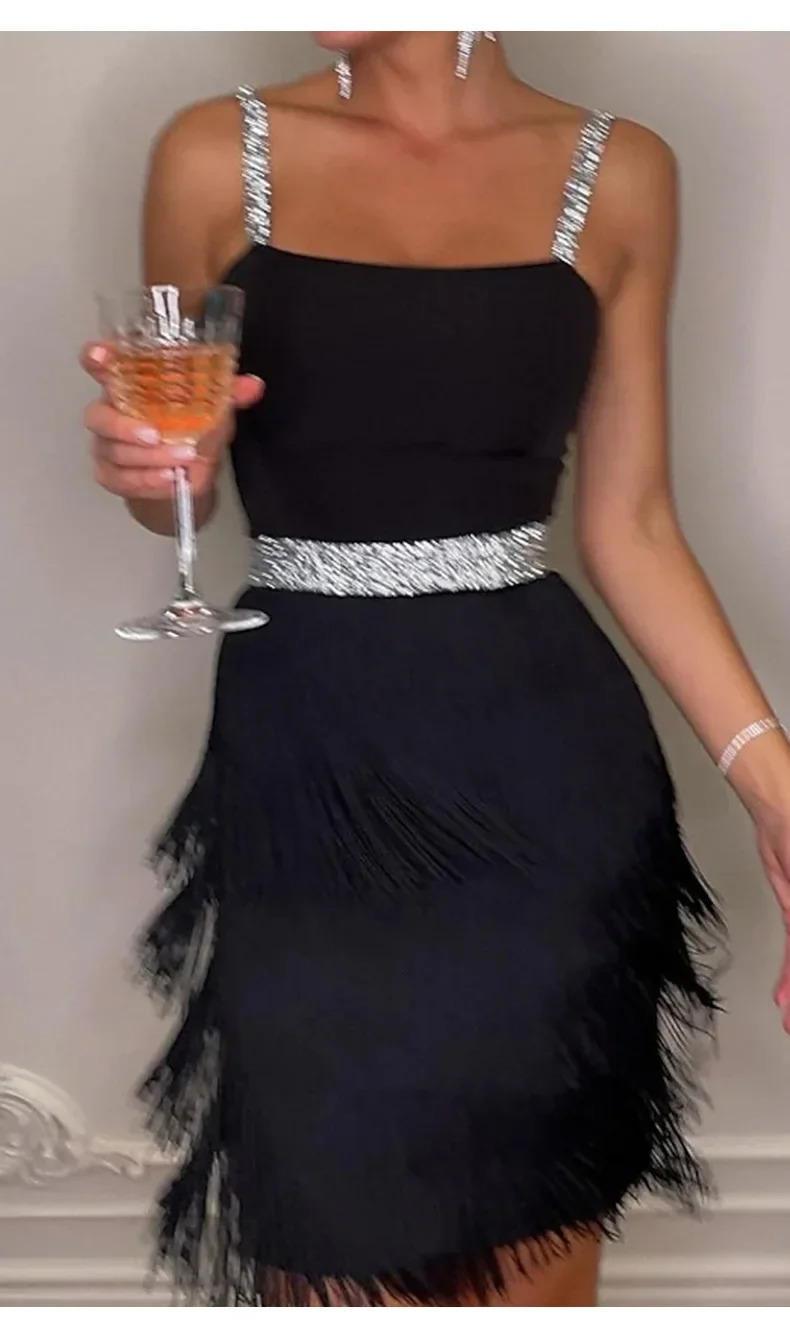 Womens Dresses Tassel Sexy Low Cut Suspender Sleeveless Midi Party Dress 2024 Summer Fashion 250103