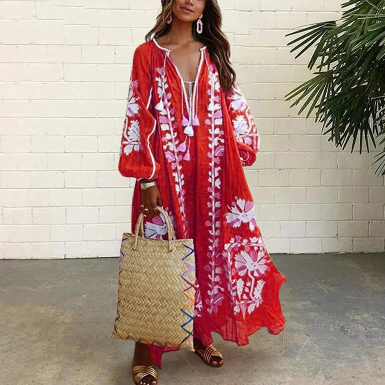 Vestido Spring/Summer Womens Bohemian Dress Fashionable Elegant and Sexy V-neck Retro Digital Printed Tassel Puff Sleeve Medium length Dress 250103