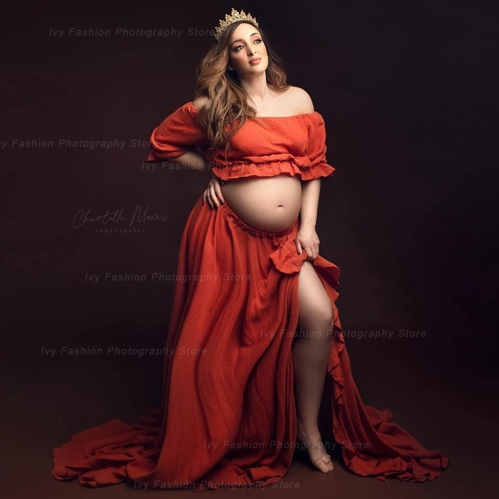 Bohemian Po Shooting Pregnancy Dress Ruffle Edge Off Shoulder Short Sleeve Linen Cotton Dress Boho Style Baby Shower Dress 250103