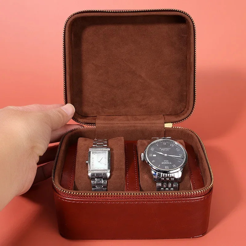 PU portable flip Buckskin velvet zipper watch box 2 slots large watch pillow jewelry display gift storage box customization 250102