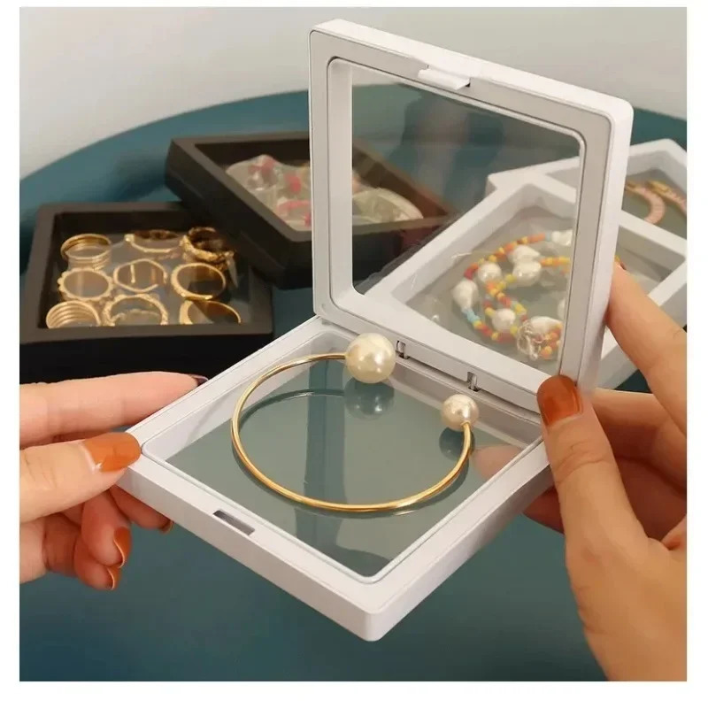 10Pcs PE Film Jewelry Storage Box 3D Packaging Case Free Stand Floating Frame Membrane Ring Earrings Necklace Display Holder 241225