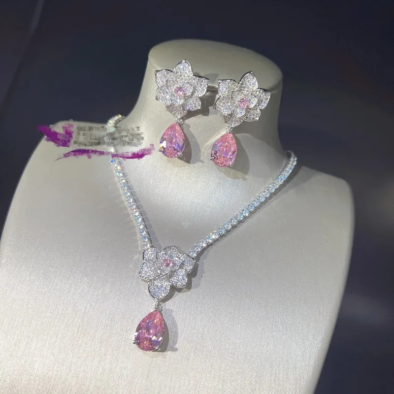 Temperament 925 Silver Color Water Drop Earrings Necklace for Women Exquisite Pink Zircon Flower Wedding Banquet Jewelry Sets 250102