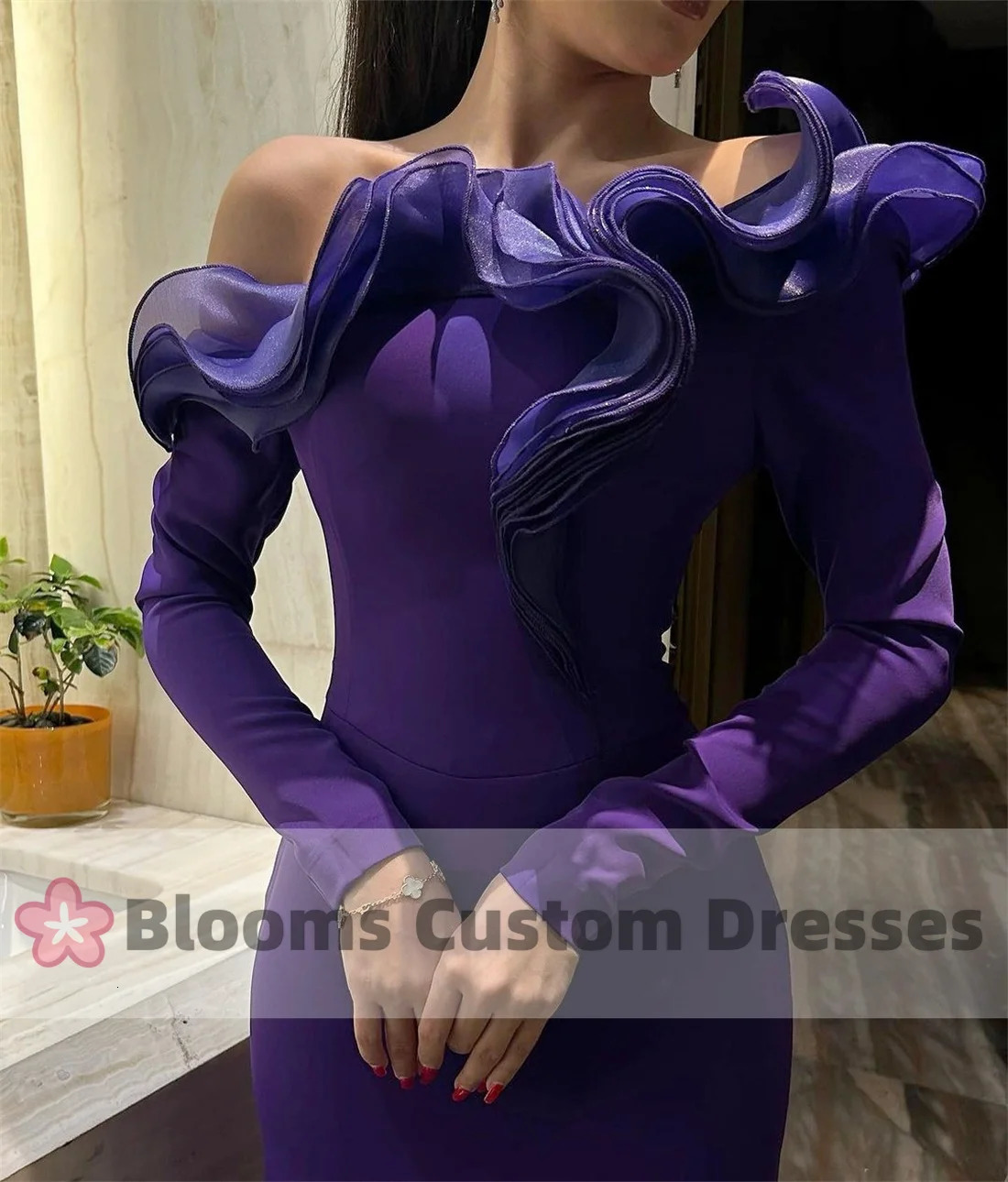Blooms Purple Shoulder Long Sleeve Customized Evening Dress Used for Special Occasion Ruffle Party Dress Post Train Ball Dress 250103