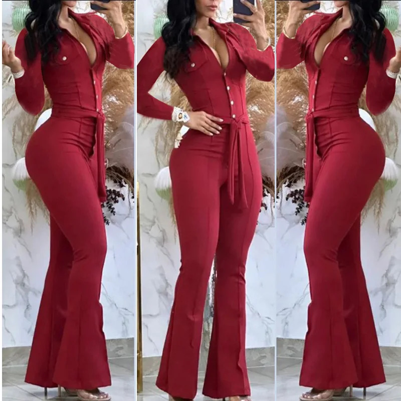 Autumn Elegant Jumpsuit For Women Button Long Sleeve Solid Belt Skinny Turn-Down Collar Long Sleeve Skinny Bootcut Jumpsuit 241230