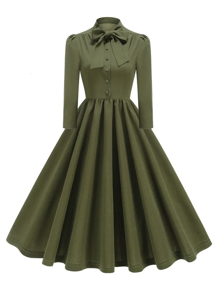 2025 Retro Bow Front Elegant Folded Womens Dress 1950s and 1960s 3/4 Long Sleeve Autumn Clothing Retro Swinging Dress 250103