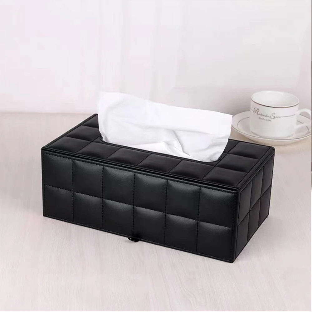 Black Leather Tissue Box Rectangular Paper Holder Car Line Grid Tissue Box Case Living Room Napkin Container Organizer Holder 241231
