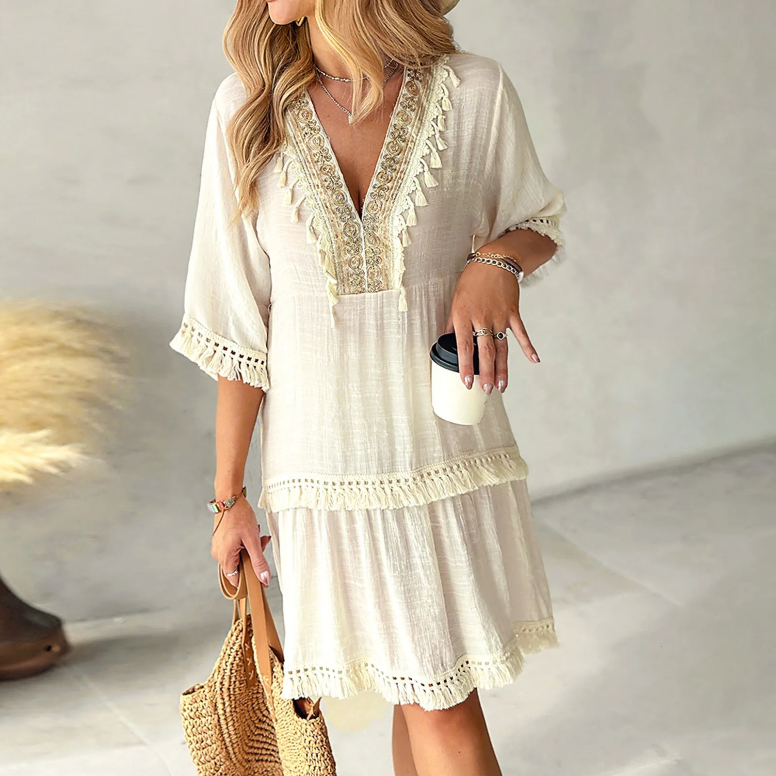 Womens summer dress embroidered V-neck casual dress hollow Tassel Bohemian dress womens beach cover half sleeved sun skirt 250103