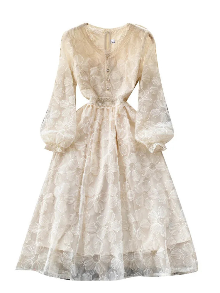 XFPV Womens Elegant Warm Long Sleeve A-line V-neck Lace Dress Vestdos Y2k Korean Fashion Trend Autumn 2025 SM11939 250103