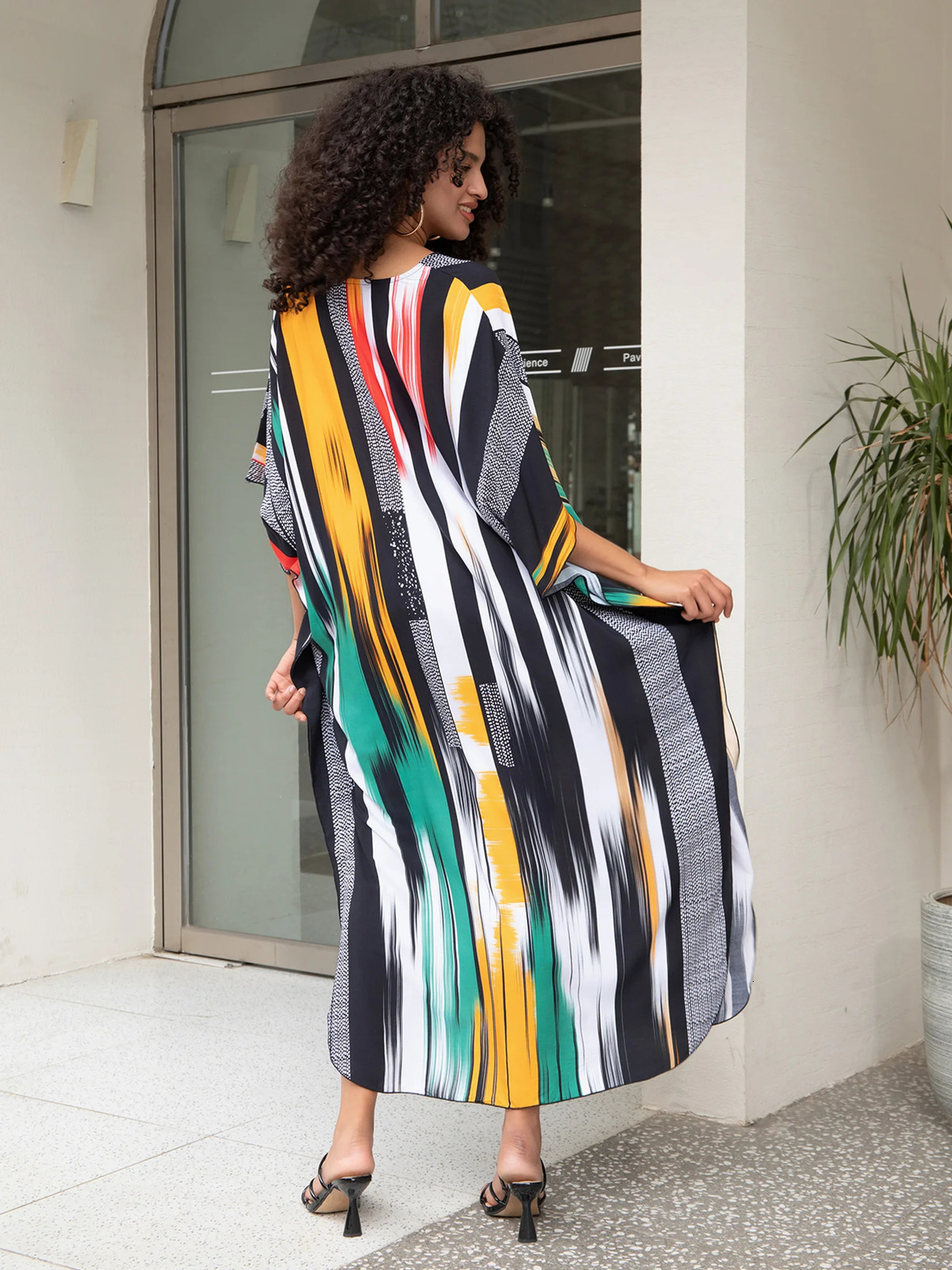 striped print Summe beach dress womens clothing Bohemian V-neck batwing sleeves Kaftan vacation Moo dress Q1638 250103