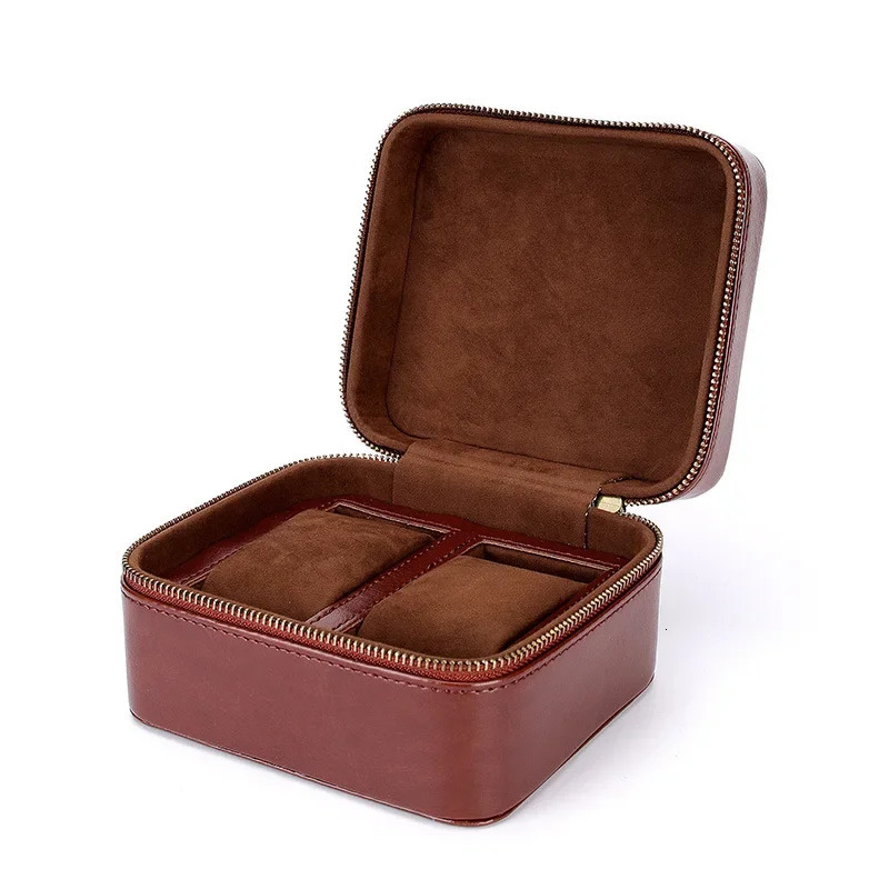 PU portable flip Buckskin velvet zipper watch box 2 slots large watch pillow jewelry display gift storage box customization 250102