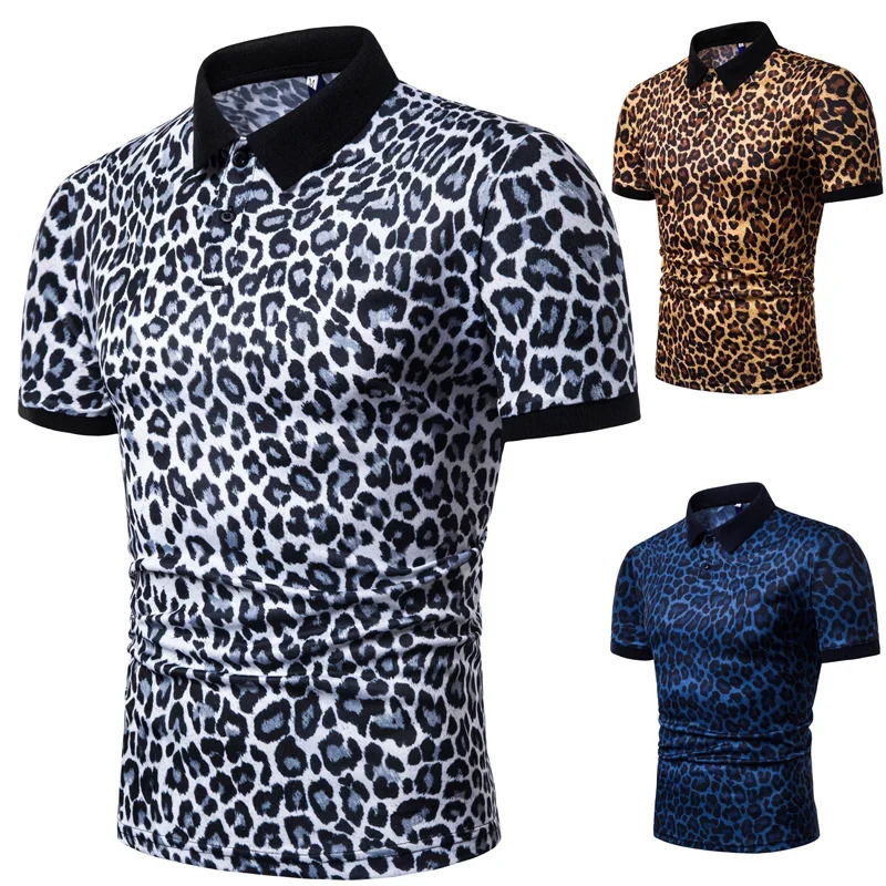 1pc Mens Fashion Tshirt Leopard Print Short Sleeve Breathable Lapel Men Clothing 241224Z
