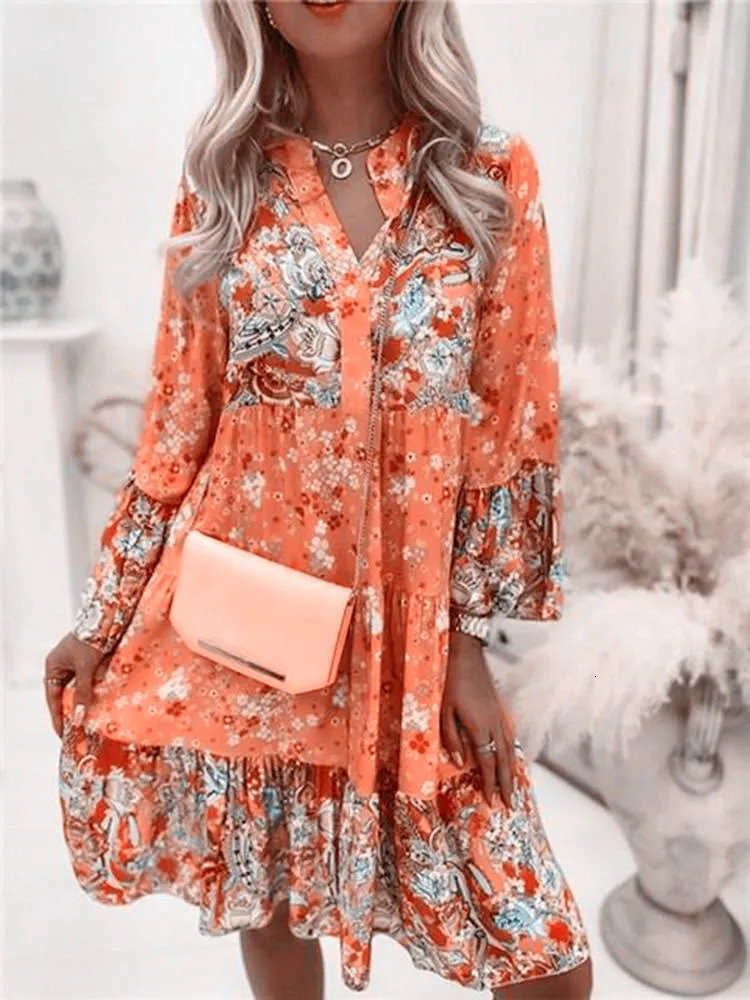 Casual floral print womens rotating summer bohemian V-neck loose A-line dress elegant beach party dress womens robe 250103