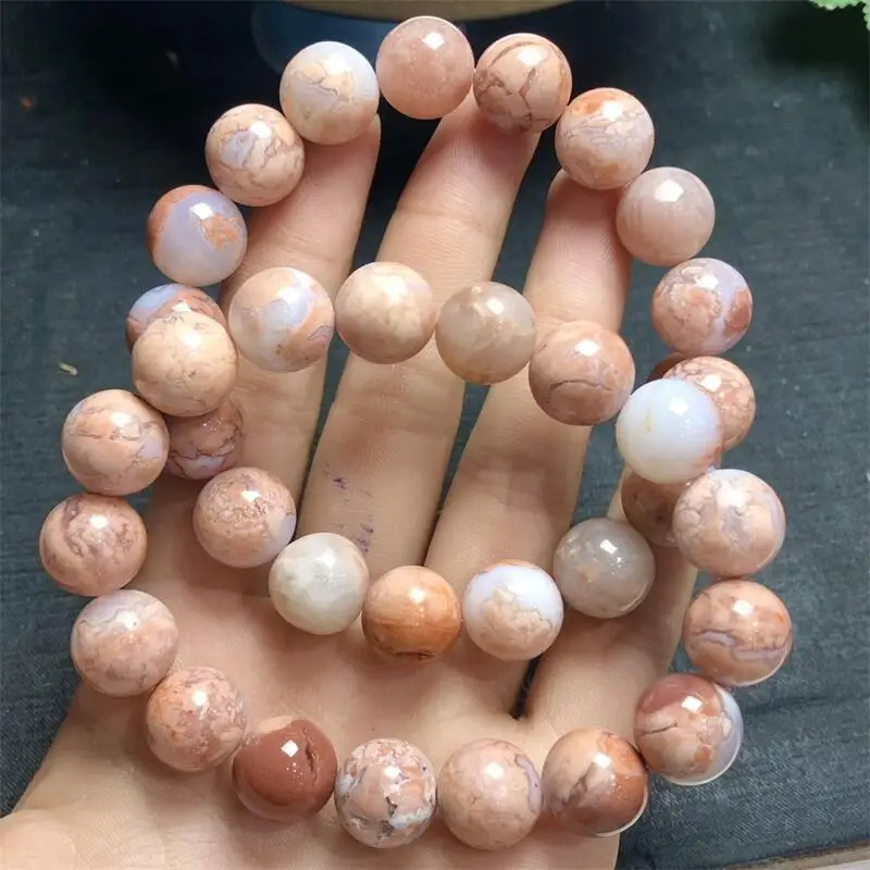 12MM Natural Pink Flower Agate Bracelet Woman Lady Man Healing Wealth Gift Crystal Beads Quartz Gemstone Jewelry 250102