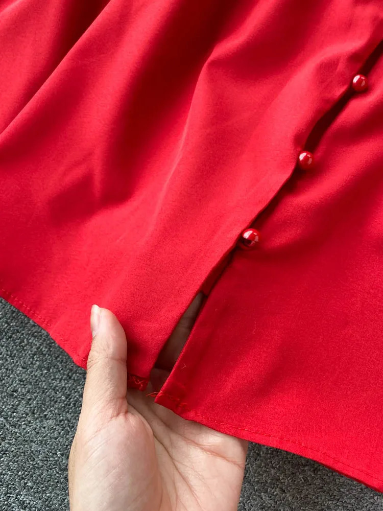 XFPV Women Vintage Pleat Ruffles Mid Length High Waist Dresses V-Neck Sleeveless Temperament Vestidos Spring Summer 2025 SM10095 250103