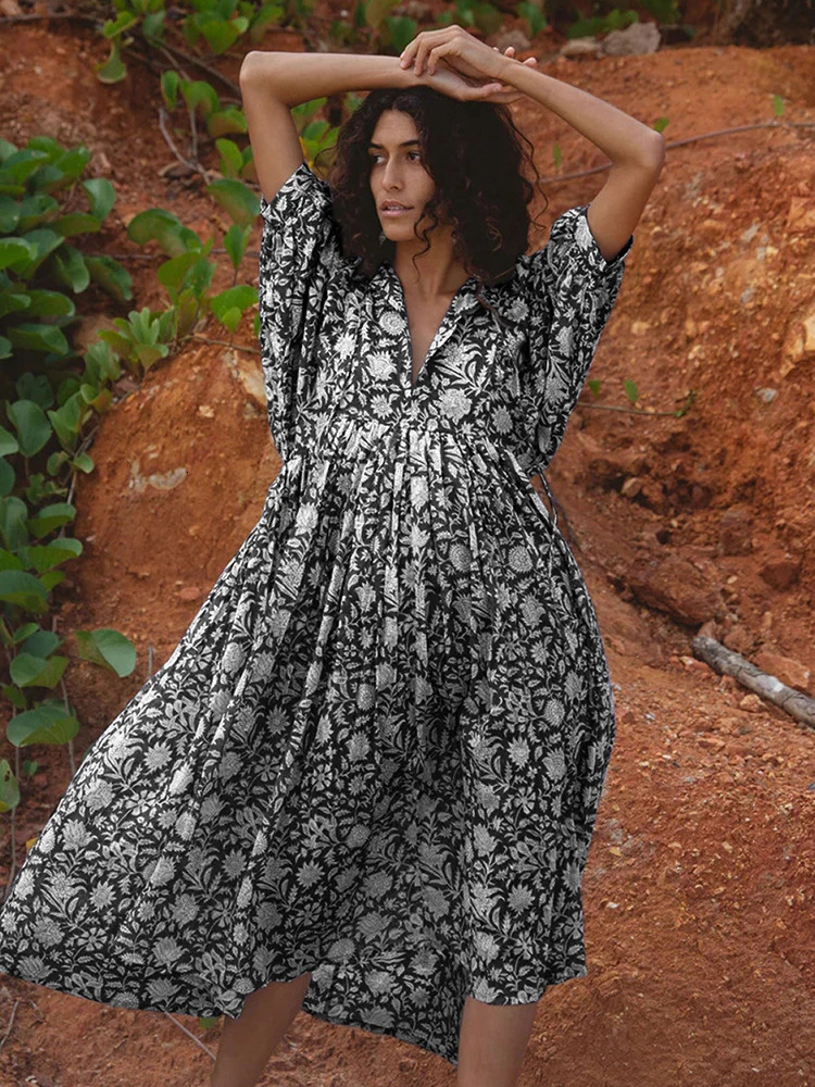 Fitting Behemian Retro Beach Dress Womens Pareo Holiday Lantern Sleeve Midi Dress Womens Clothing Bohemian Tank Top Summer 250103