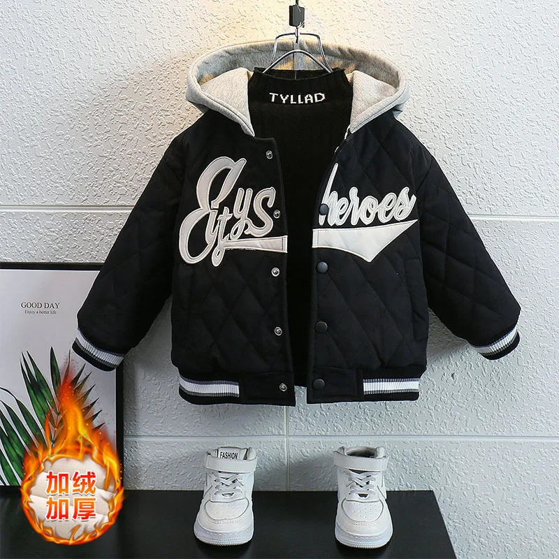 Boys Coat Jacket Outwear Tops Cotton Sweet Thicken Plus Velvet Winter Autumn School Gift Overcoat Childrens Clothes 241226