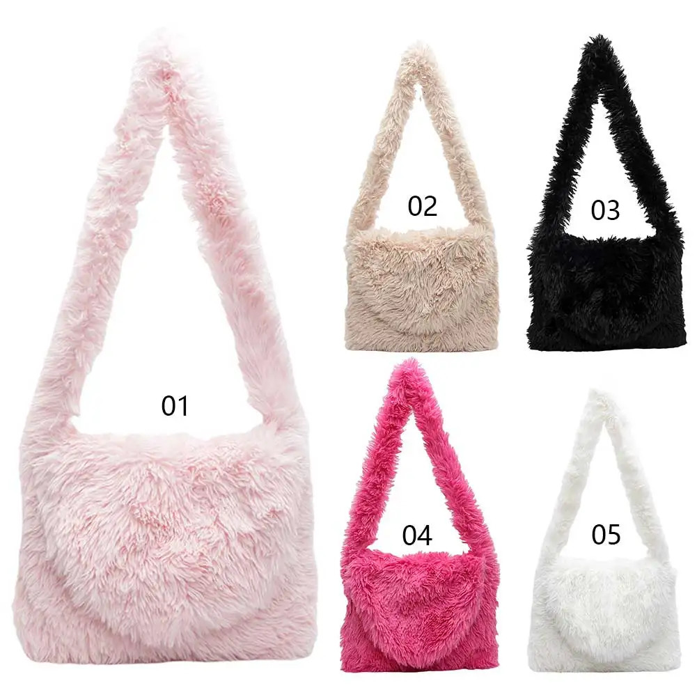 Women Plush Crossbody Bag Fluffy Winter Handbag Solid Color Messenger Tote Purse Work Shopping 241226