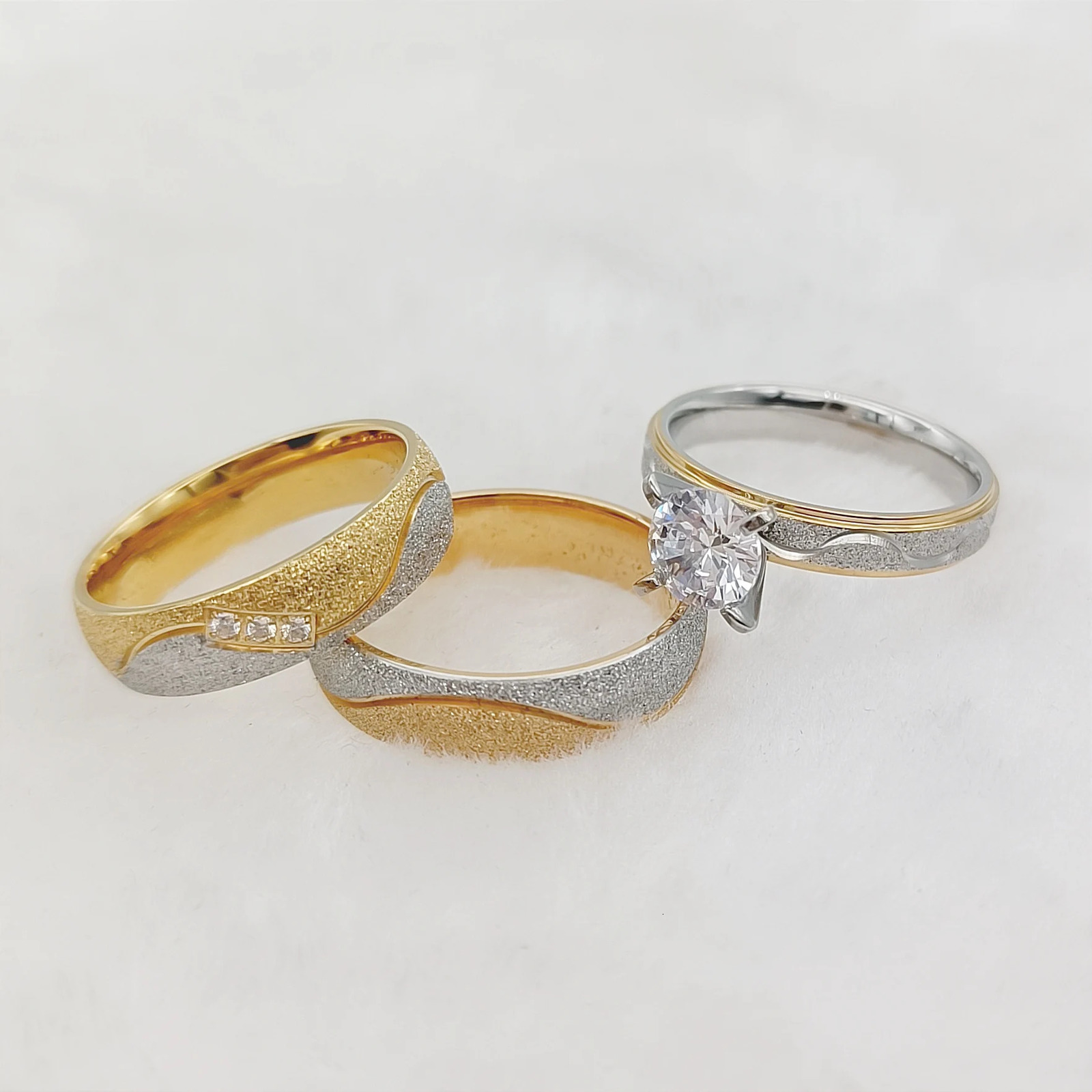 Bicolor Frosted Western 3pcs Alliances Wedding Engagement Bridal Rings Sets For Men And Women Couples Stainless Steel Jewelry 250103