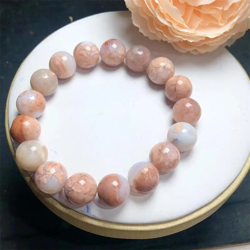12MM Natural Pink Flower Agate Bracelet Woman Lady Man Healing Wealth Gift Crystal Beads Quartz Gemstone Jewelry 250102