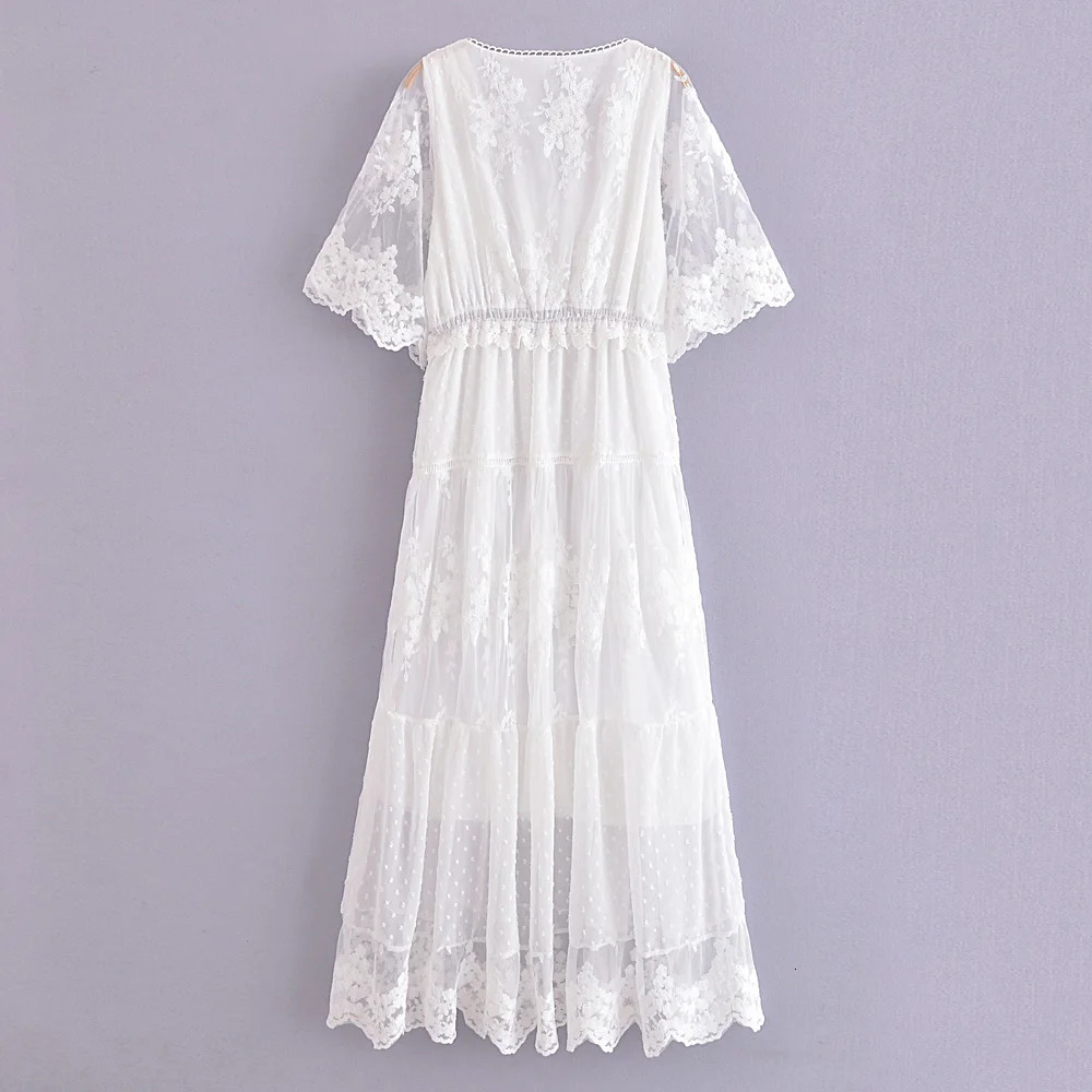 Happy Queens Womens Solid Short Sleeve Beach Sexy Lace Bohemian Long Dress Womens V-neck Bohemian Sundress Vestitos 250103