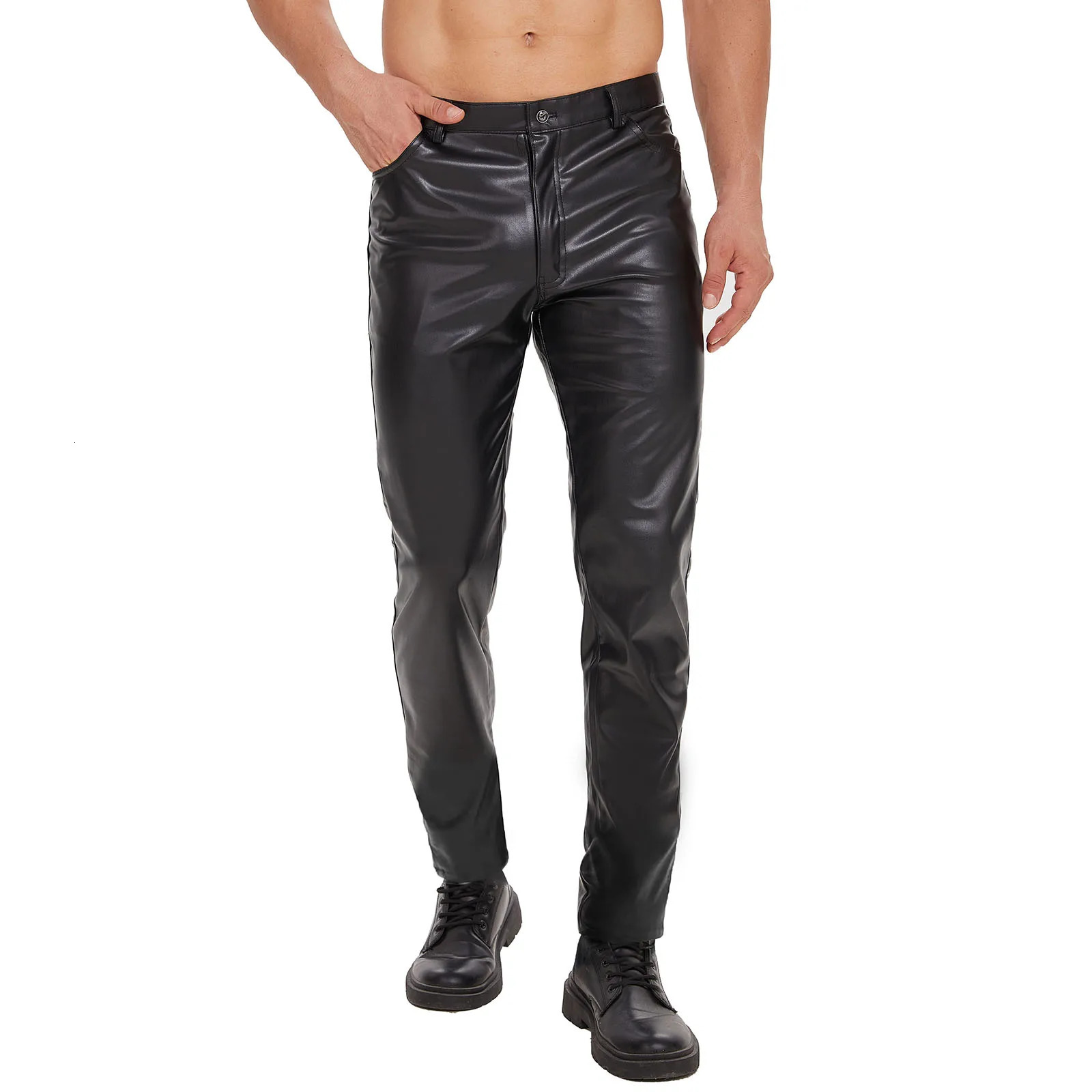 Men Shiny Leather Straight Pants Sexy Zipper Open Crotch Soft Matte Leather Casual Trousers Male High Elastic Shaping Leggings 250103
