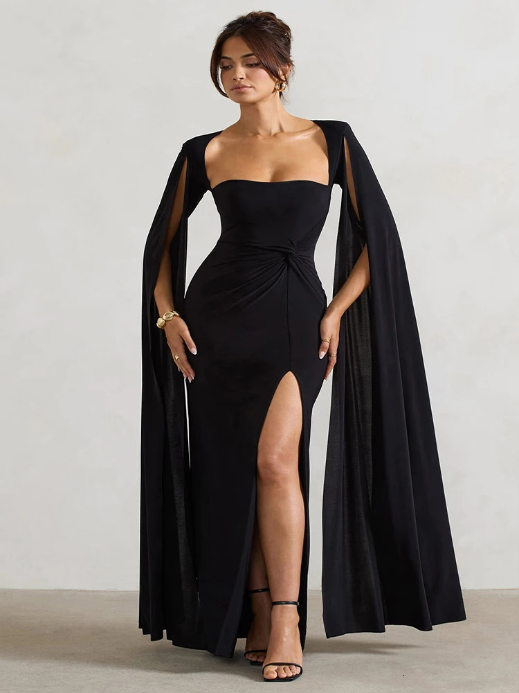 JULISSA MO sexy square neckline high seam womens Maxi dress black long sleeved evening dress autumn ultra-thin elegant party Clubwear 250103