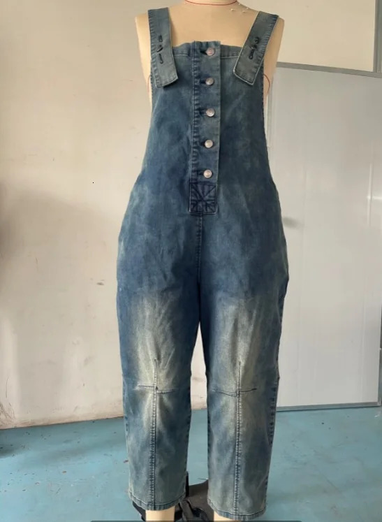 Denim Jumpsuit Womens Overall Fashion Split Loose Wide Leg Pocket Button Slim Blue Suspenders Vintage Womens jumpsuit 241230