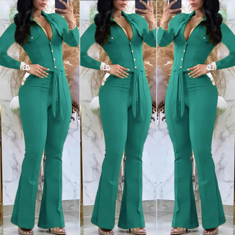 Autumn Elegant Jumpsuit For Women Button Long Sleeve Solid Belt Skinny Turn-Down Collar Long Sleeve Skinny Bootcut Jumpsuit 241230