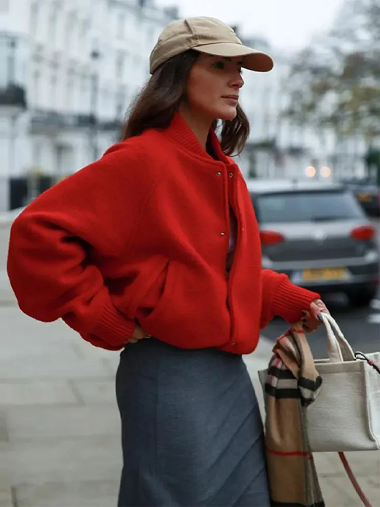 Red Loose Casual Jacket Coat Simple Metal Single Breasted French Woolen Baseball Jackets Fashion Spring Autumn Women Top 250103