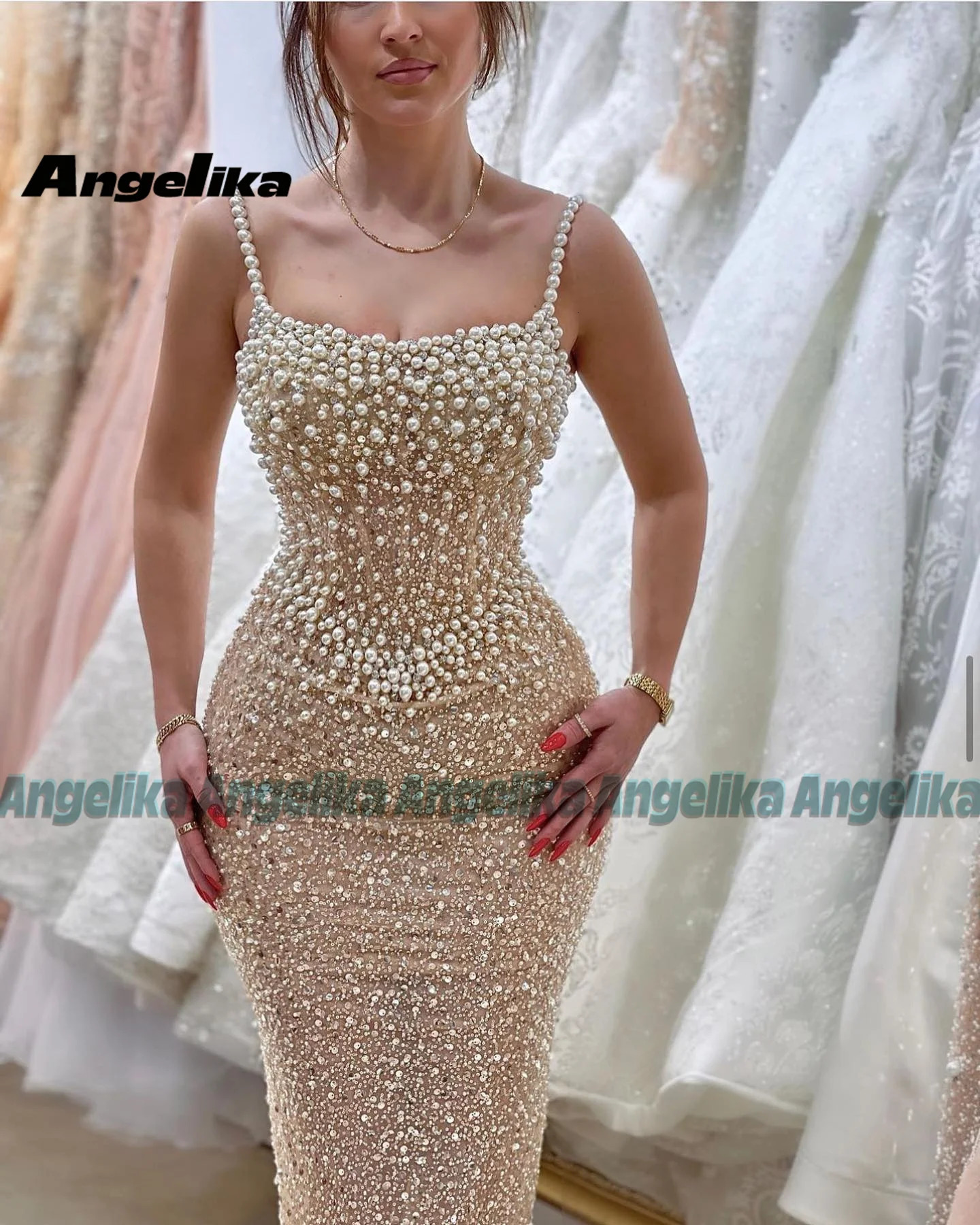 Angelika Pearl Womens Ball Dress Rhinestone Mermaid Italian Noodles Strap Robe De Soiree Customized Plus Size 250103