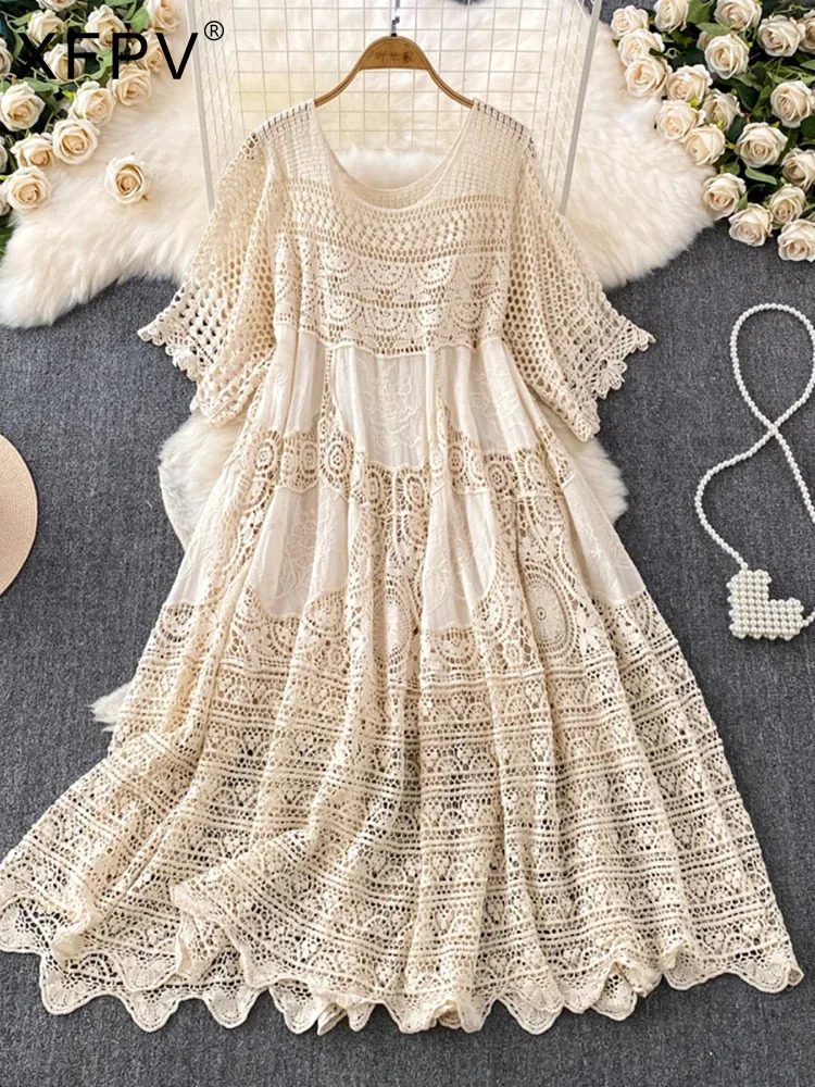 XFPV Womens Hollow Knitted Short Sleeve Elegant Medium length Dress Vestidos Y2k Korean Fashion Spring/Summer 2025 SM11611 250103