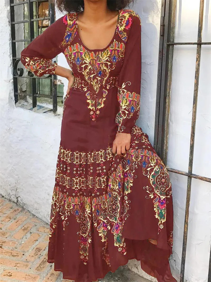 Thin Light Summer Bohemian Retro Printed O-neck Dress Elegant Party Dress er Vestdos Loose Midi Dress Street Clothing 250103