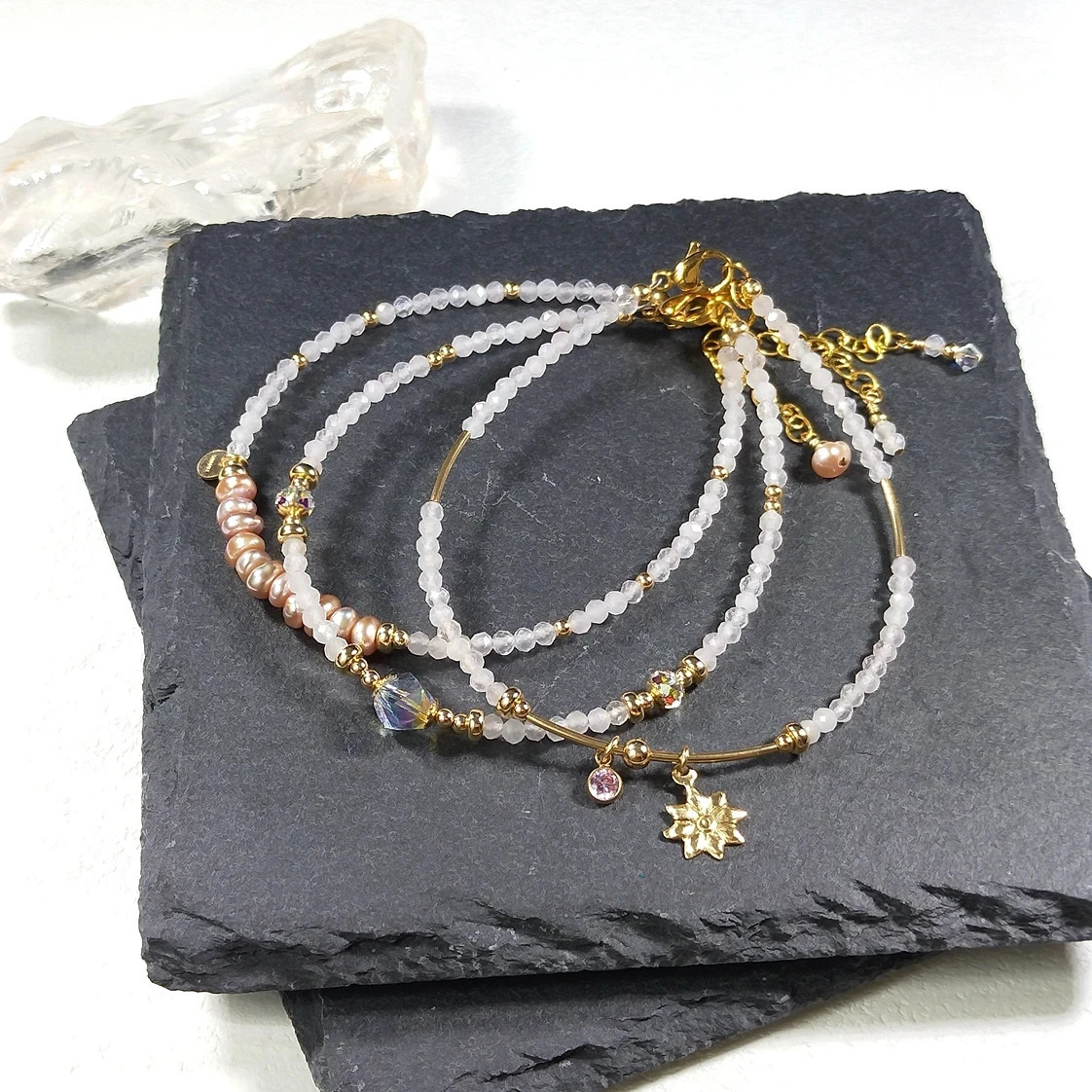 Lili Ji Rose Quartz Natural Stone 2-6mm US 14K Gold Plated Charm Bracelet Handmade Jewelry 250102