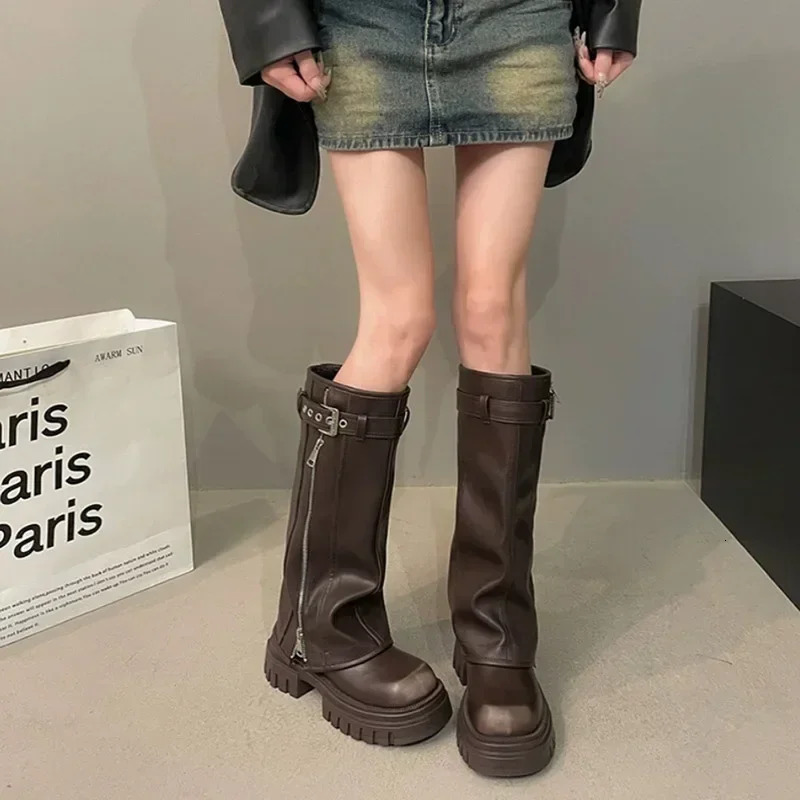 Winter Women Biker Boots Fashion Belt Buckle Ladies Elegant Platform Long Pipe Booties Casual Womens Knee High Booties 250103