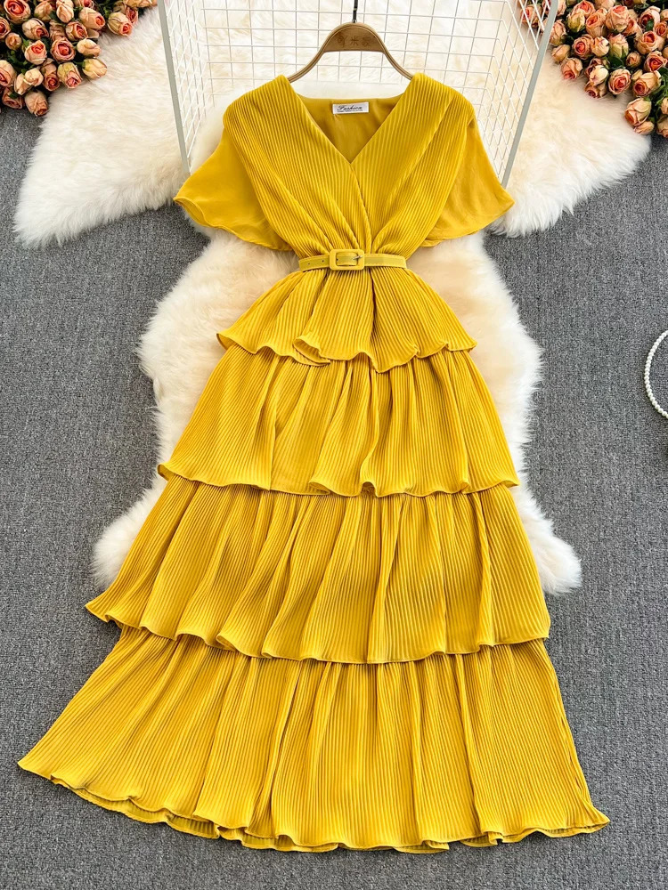 XFPV Women Vacation Pleated Belt Loose Dress Vestidos RobeV- Neck Short Sleeve Arrivals Fashion Temperament Summer 2025 SM3507 250103